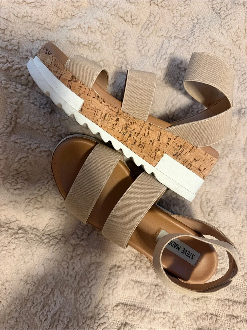 Steve Madden Neutral Beige Elastic Strap Wedge Sandals